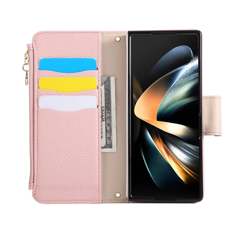 Til Samsung Galaxy Z Fold6 5G hylse med lynlåsewallet, lædertelefondæksel med håndledsrem - Pink