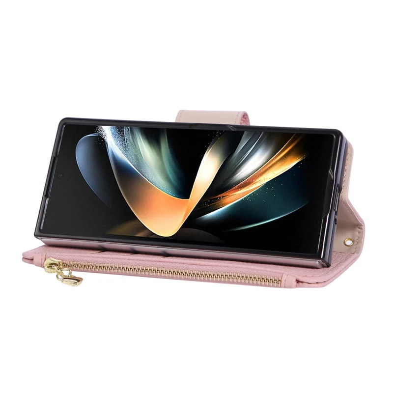 Til Samsung Galaxy Z Fold6 5G hylse med lynlåsewallet, lædertelefondæksel med håndledsrem - Pink