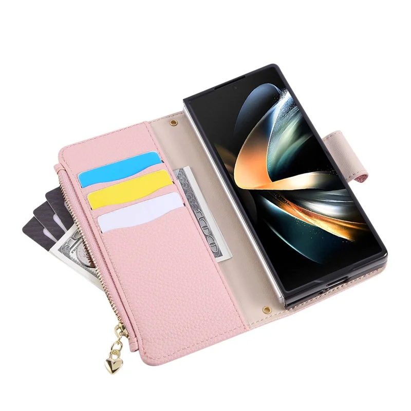 Til Samsung Galaxy Z Fold6 5G hylse med lynlåsewallet, lædertelefondæksel med håndledsrem - Pink
