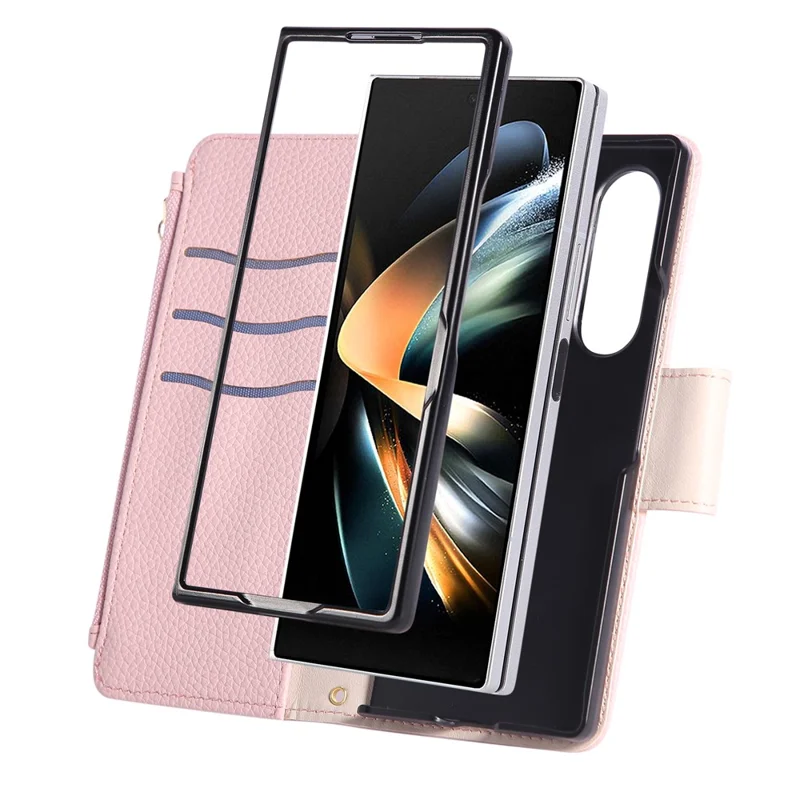 Til Samsung Galaxy Z Fold6 5G hylse med lynlåsewallet, lædertelefondæksel med håndledsrem - Pink
