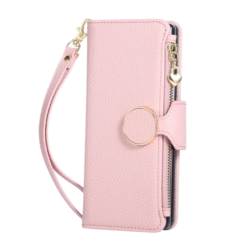 Til Samsung Galaxy Z Fold6 5G hylse med lynlåsewallet, lædertelefondæksel med håndledsrem - Pink