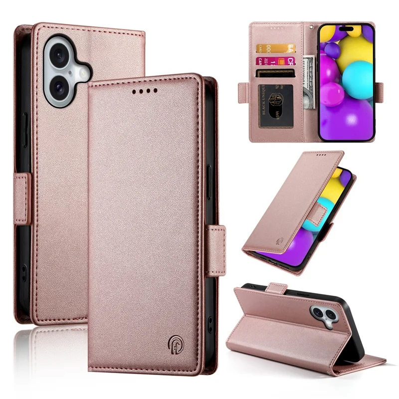 For iPhone 17 Stand Case PU Leather Wallet Phone Cover - Rose Gold