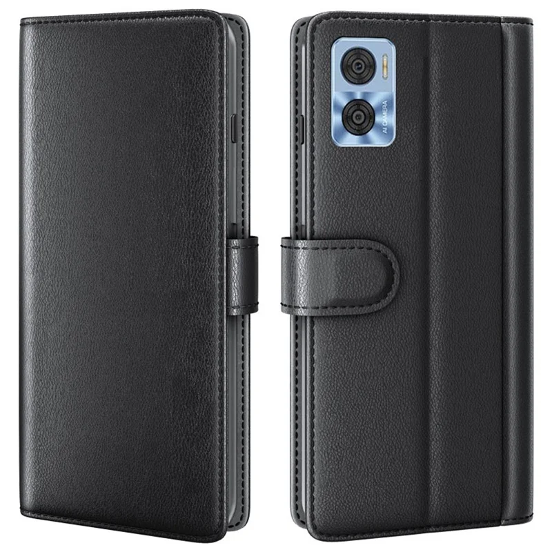 Etui z prawdziwej skóry na Motorola Moto E22 4G, ochronne etui z magnesem, składaną podstawką, portfelową klapką - Czarny