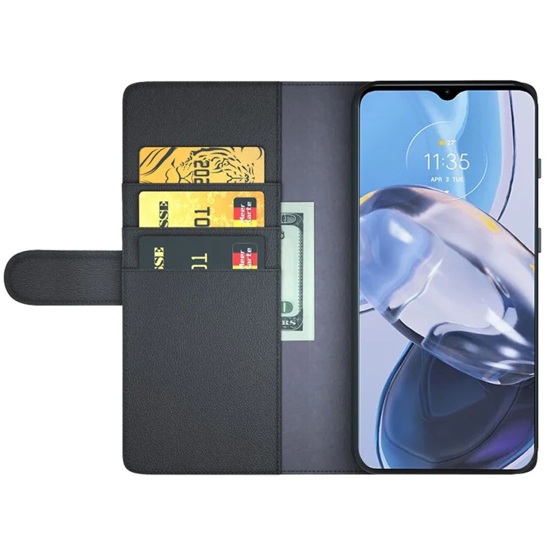Etui z prawdziwej skóry na Motorola Moto E22 4G, ochronne etui z magnesem, składaną podstawką, portfelową klapką - Czarny