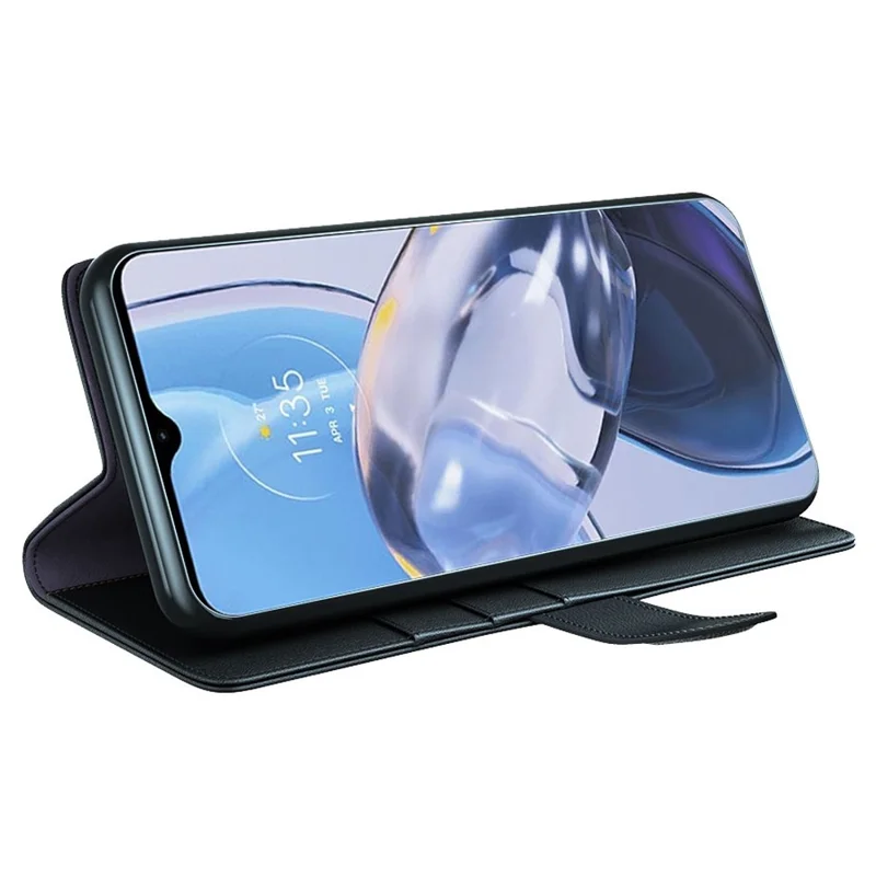 Etui z prawdziwej skóry na Motorola Moto E22 4G, ochronne etui z magnesem, składaną podstawką, portfelową klapką - Czarny