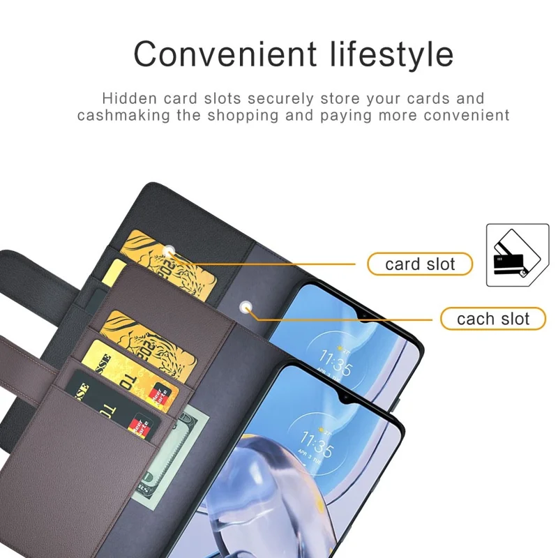 Etui z prawdziwej skóry na Motorola Moto E22 4G, ochronne etui z magnesem, składaną podstawką, portfelową klapką - Czarny