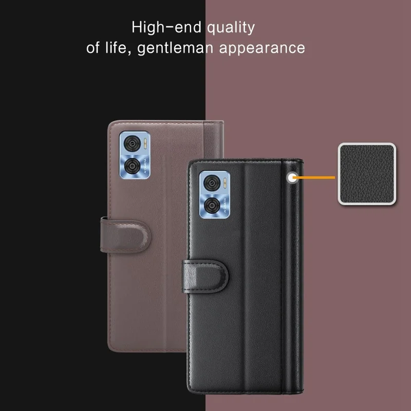 Etui z prawdziwej skóry na Motorola Moto E22 4G, ochronne etui z magnesem, składaną podstawką, portfelową klapką - Czarny
