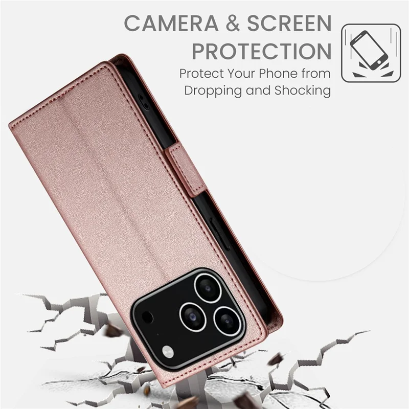 For iPhone 17 Pro Stand Case PU Leather Wallet Phone Cover - Rose Gold