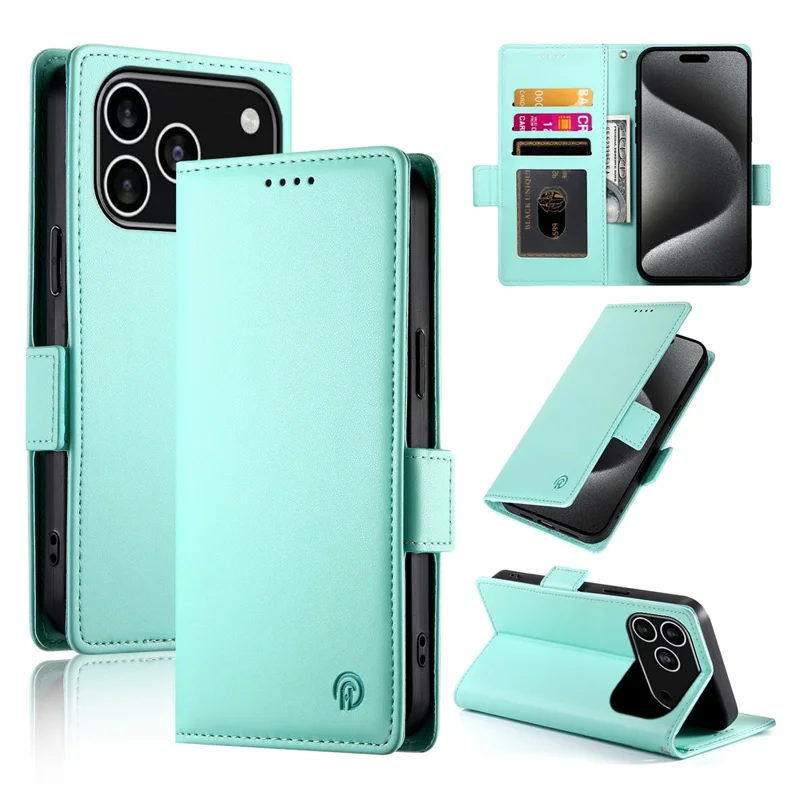 For iPhone 17 Pro Stand Case PU Leather Wallet Phone Cover - Mint Green