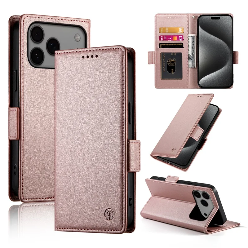 For iPhone 17 Pro Max Stand Case PU Leather Wallet Phone Cover - Rose Gold