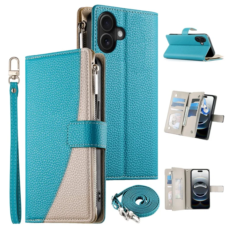 For iPhone 17 Case Zipper Wallet Color Splicing Leather Flip Phone Cover with Straps - Lake Blue