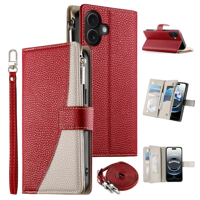For iPhone 17 Case Zipper Wallet Color Splicing Leather Flip Phone Cover with Straps - Red