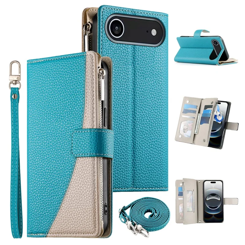 Custodia con Cerniera per iPhone 17 Air - Cover a Portafoglio con Inserti a Colori in Pelle con Laccetti - Blu Lago
