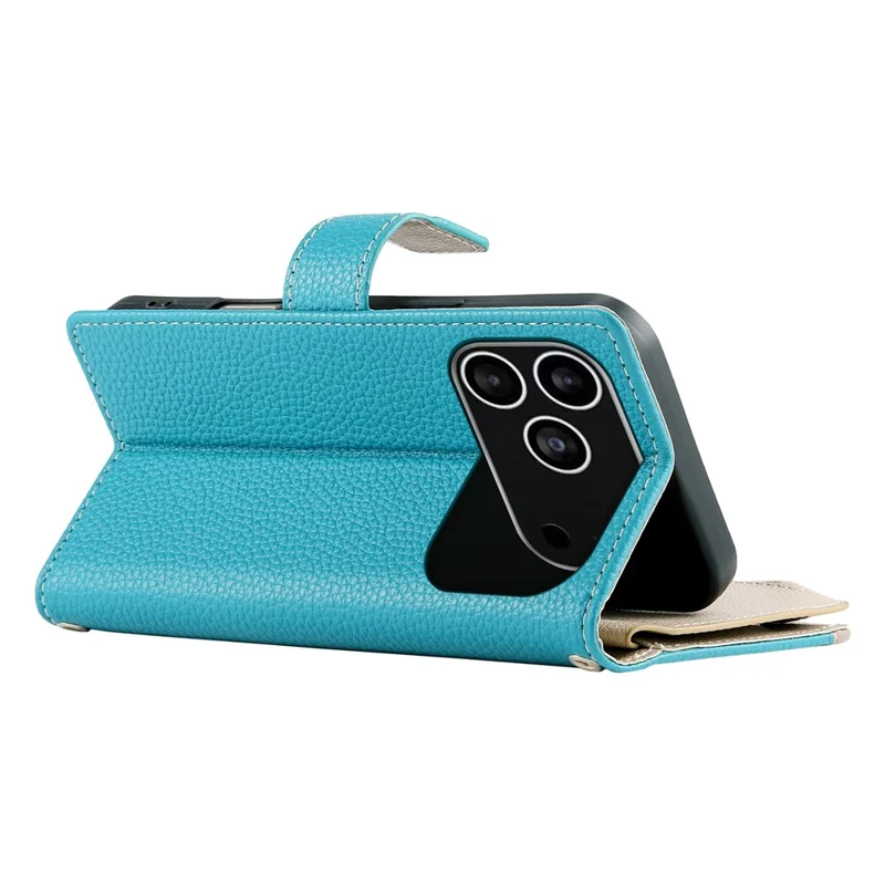 For iPhone 17 Pro Case Zipper Wallet Color Splicing Leather Flip Phone Cover with Straps - Lake Blue