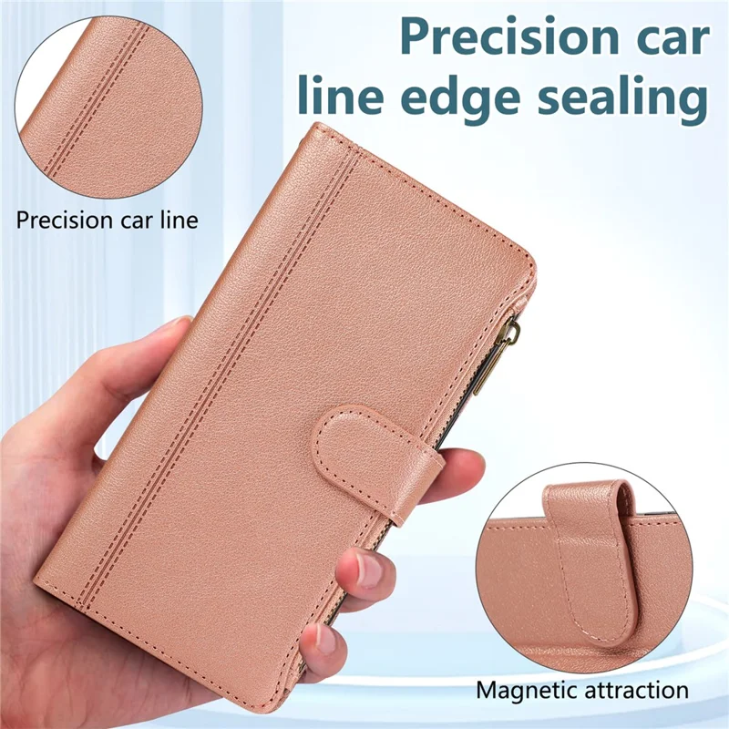 For iPhone 15 Pro Case Multi Card Slots Zipper Leather Phone Cover with Wrist Strap - Rose Gold