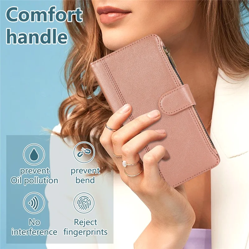 For iPhone 15 Pro Case Multi Card Slots Zipper Leather Phone Cover with Wrist Strap - Rose Gold