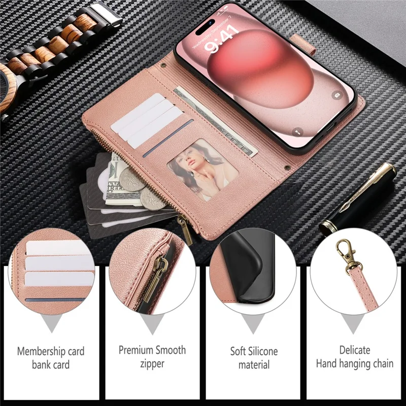 For iPhone 15 Pro Case Multi Card Slots Zipper Leather Phone Cover with Wrist Strap - Rose Gold