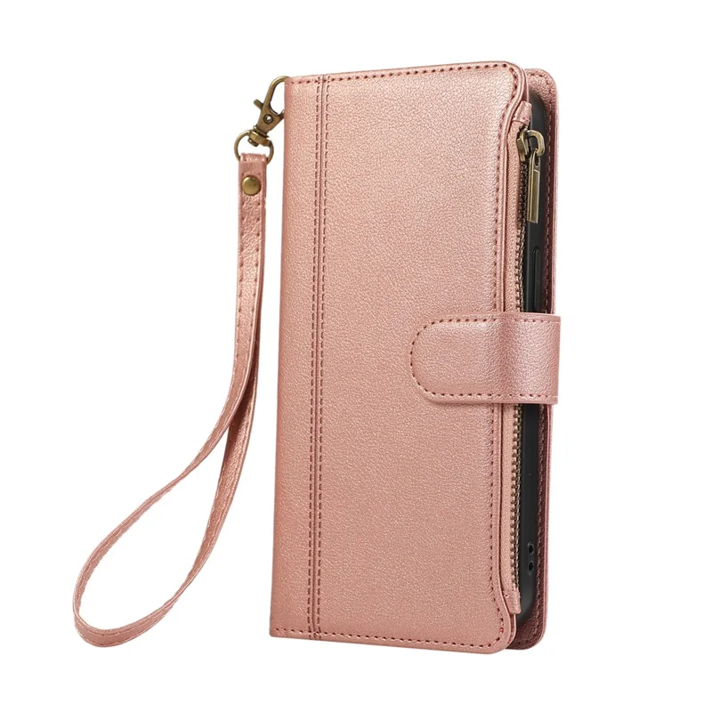 For iPhone 15 Pro Case Multi Card Slots Zipper Leather Phone Cover with Wrist Strap - Rose Gold