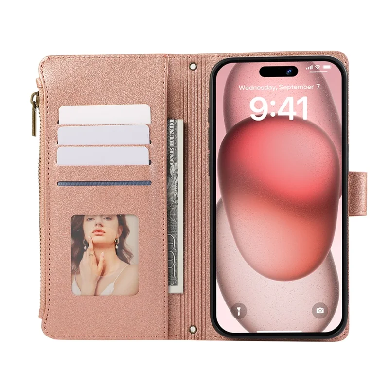 For iPhone 15 Pro Case Multi Card Slots Zipper Leather Phone Cover with Wrist Strap - Rose Gold