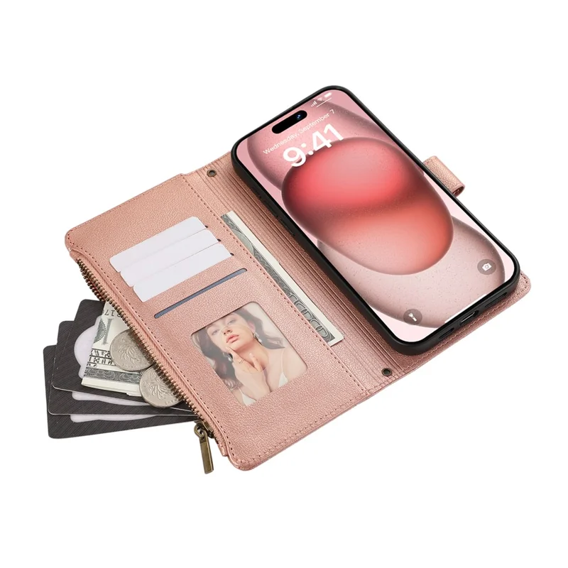 For iPhone 15 Pro Case Multi Card Slots Zipper Leather Phone Cover with Wrist Strap - Rose Gold