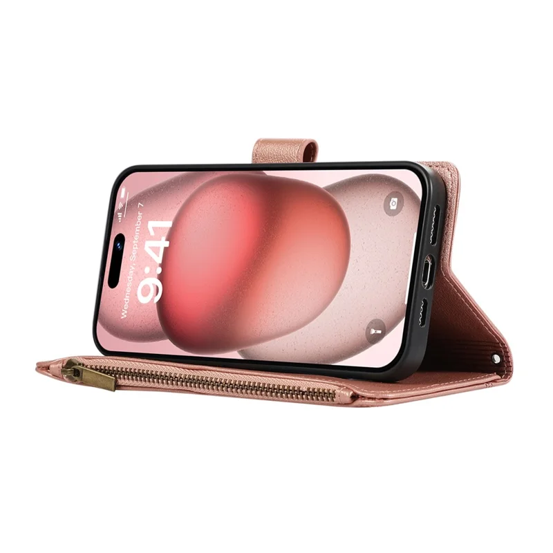 For iPhone 15 Pro Case Multi Card Slots Zipper Leather Phone Cover with Wrist Strap - Rose Gold