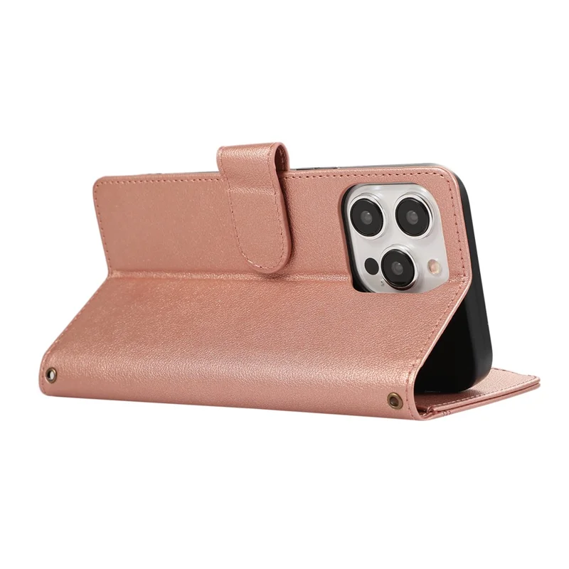 For iPhone 15 Pro Case Multi Card Slots Zipper Leather Phone Cover with Wrist Strap - Rose Gold