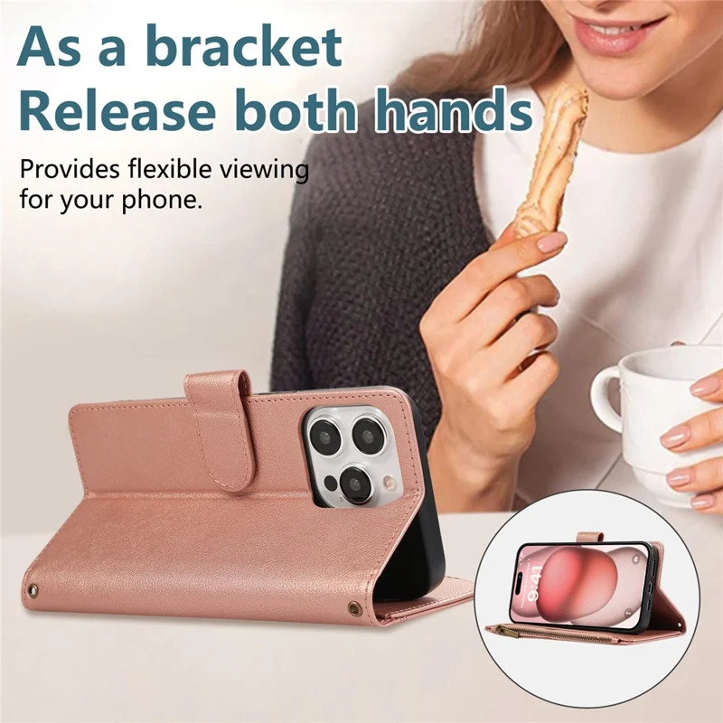 For iPhone 15 Pro Case Multi Card Slots Zipper Leather Phone Cover with Wrist Strap - Rose Gold