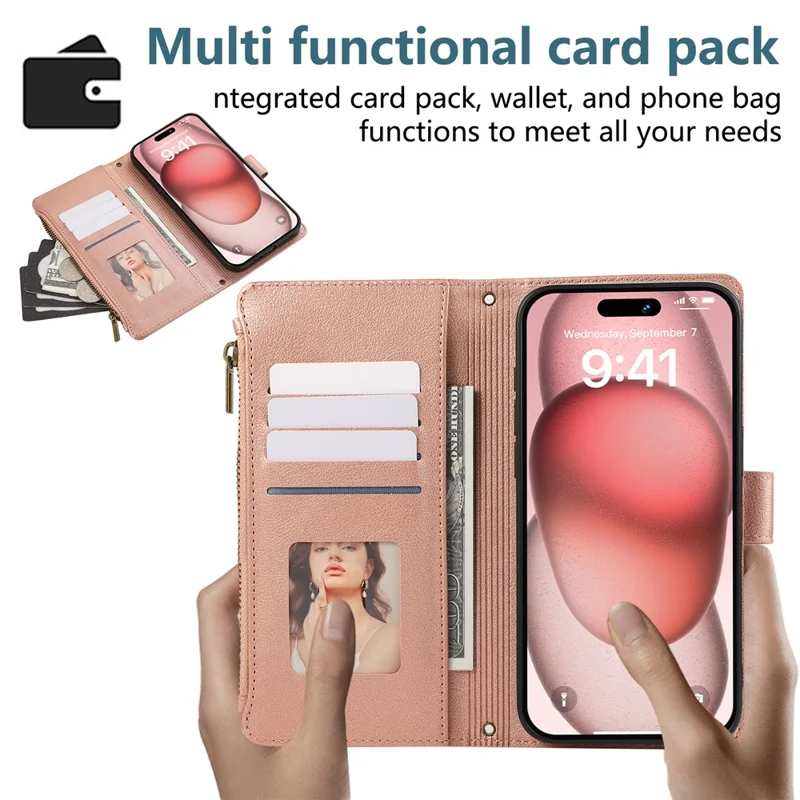 For iPhone 15 Pro Case Multi Card Slots Zipper Leather Phone Cover with Wrist Strap - Rose Gold