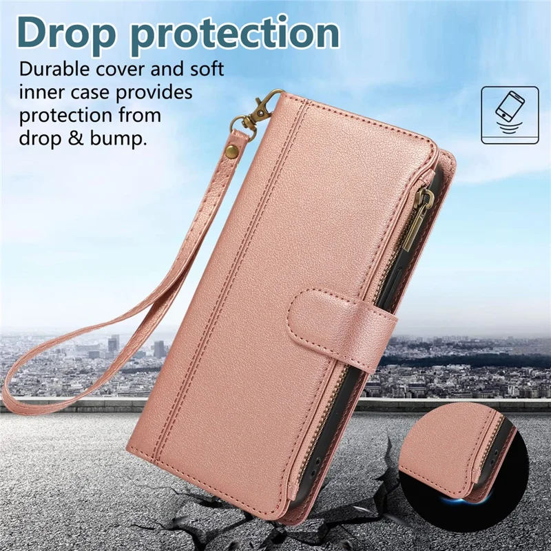 For iPhone 15 Pro Case Multi Card Slots Zipper Leather Phone Cover with Wrist Strap - Rose Gold