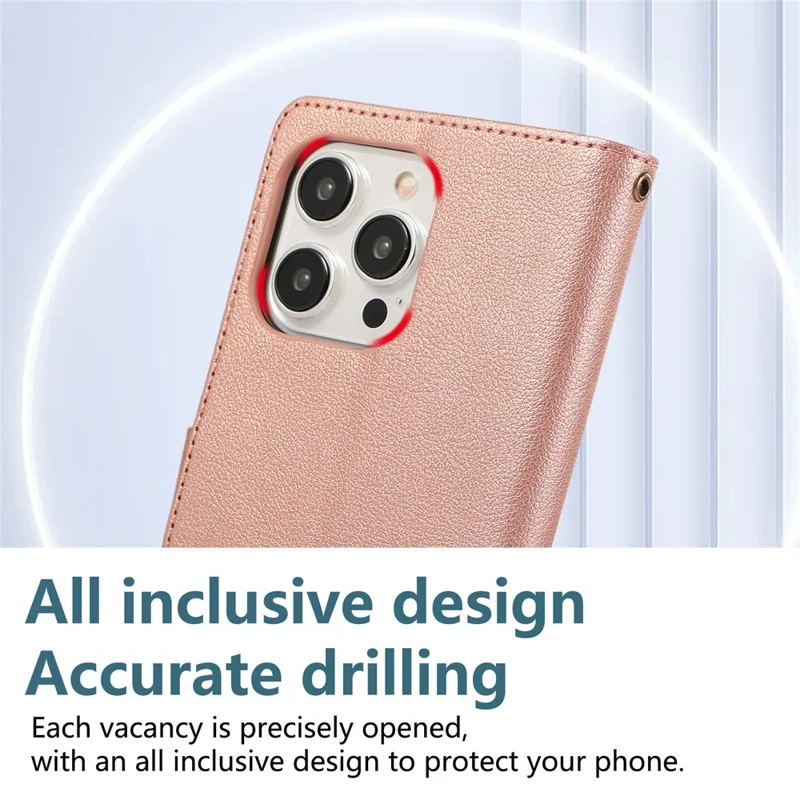 For iPhone 15 Pro Case Multi Card Slots Zipper Leather Phone Cover with Wrist Strap - Rose Gold