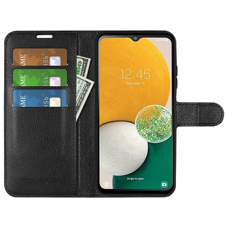 Phone Cover For Samsung Galaxy A14 5G / 4G , Wallet Stand Scratch-resistant Litchi Texture PU Leather Folio Flip Phone Case - Black