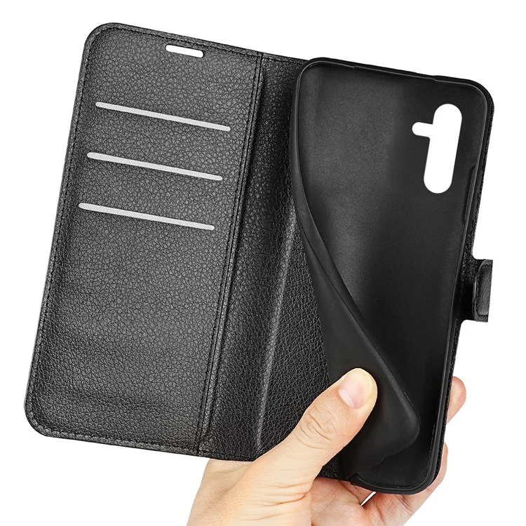 Phone Cover For Samsung Galaxy A14 5G / 4G , Wallet Stand Scratch-resistant Litchi Texture PU Leather Folio Flip Phone Case - Black