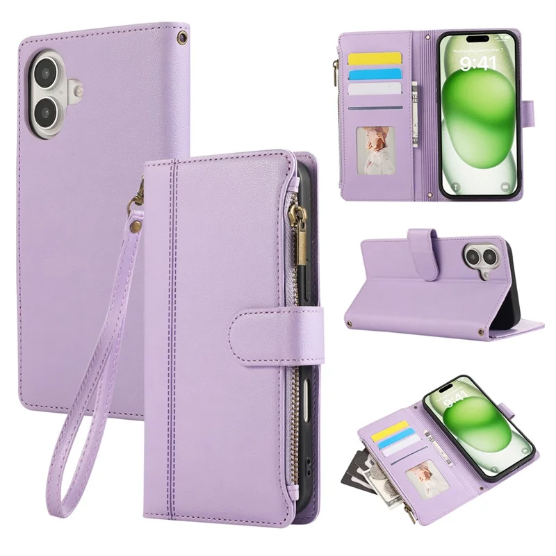 For iPhone 16 Case Multi Card Slots Zipper Leather Phone Cover with Wrist Strap - Purple