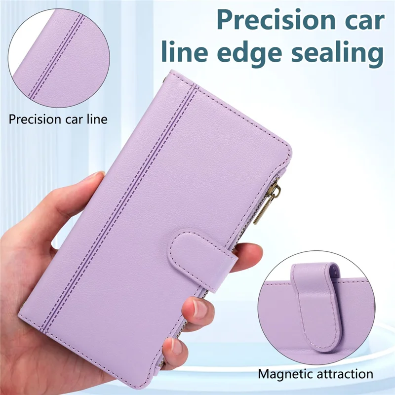 For iPhone 16 Case Multi Card Slots Zipper Leather Phone Cover with Wrist Strap - Purple