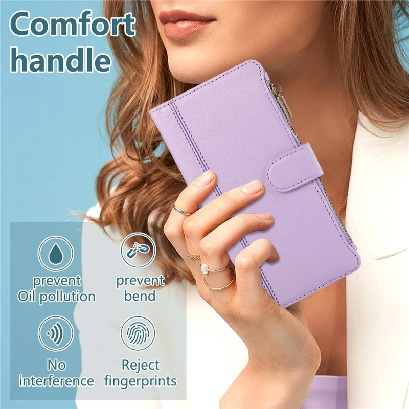 For iPhone 16 Case Multi Card Slots Zipper Leather Phone Cover with Wrist Strap - Purple