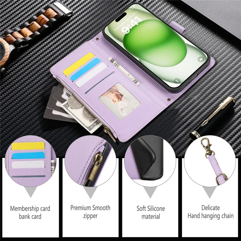 For iPhone 16 Case Multi Card Slots Zipper Leather Phone Cover with Wrist Strap - Purple