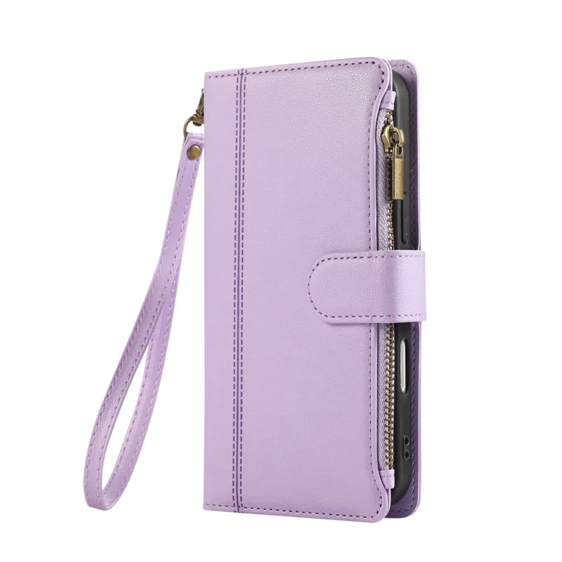 For iPhone 16 Case Multi Card Slots Zipper Leather Phone Cover with Wrist Strap - Purple