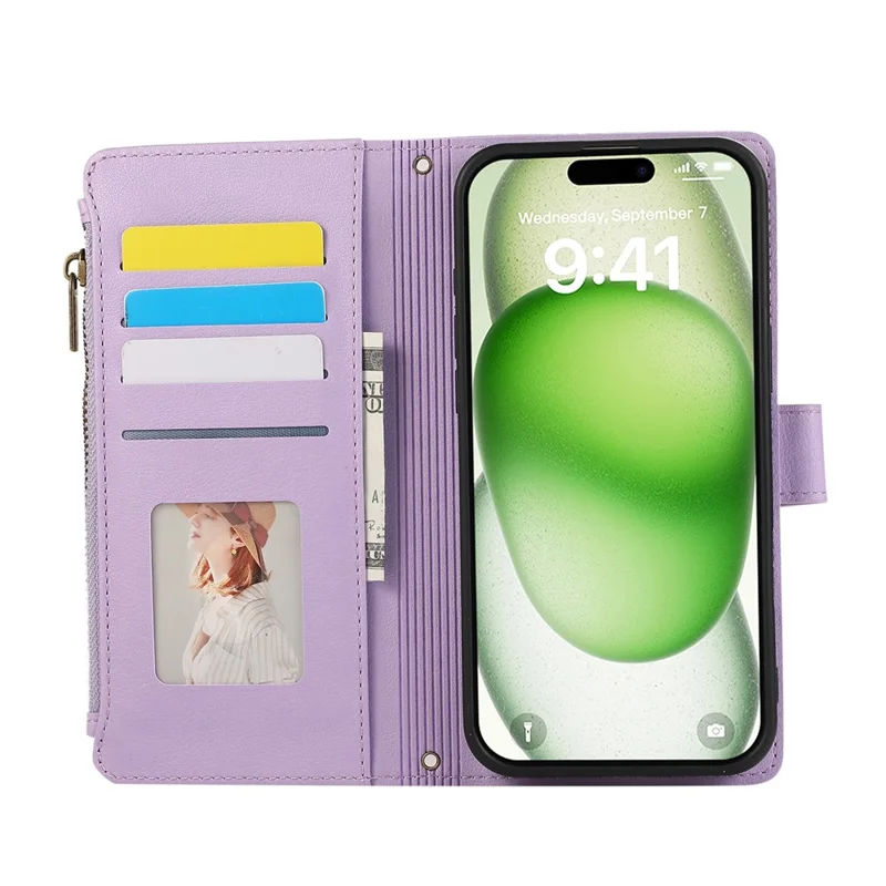 For iPhone 16 Case Multi Card Slots Zipper Leather Phone Cover with Wrist Strap - Purple