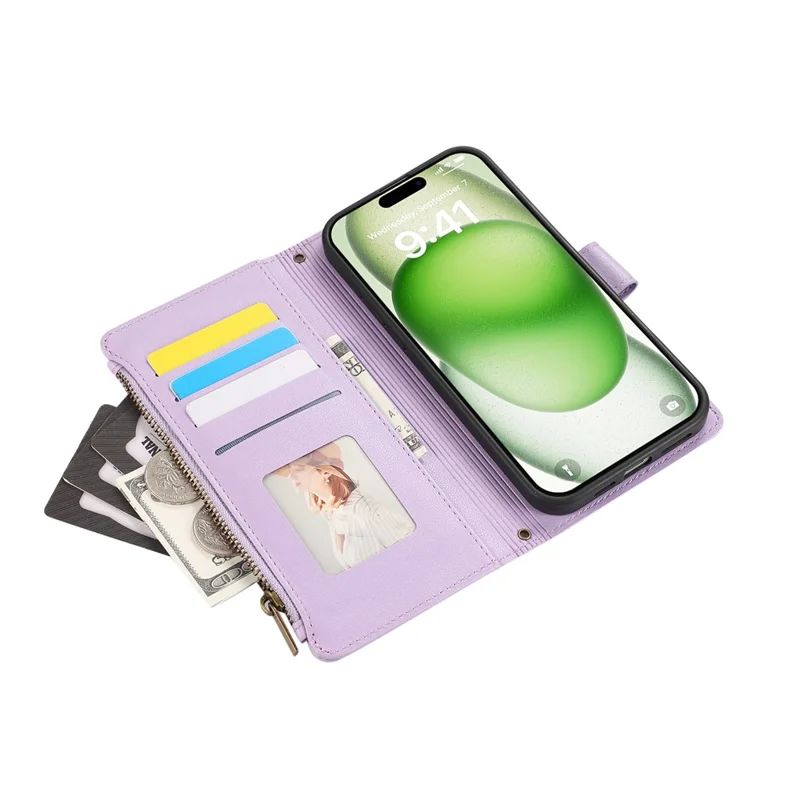 For iPhone 16 Case Multi Card Slots Zipper Leather Phone Cover with Wrist Strap - Purple