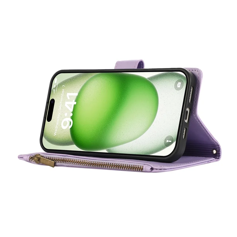 For iPhone 16 Case Multi Card Slots Zipper Leather Phone Cover with Wrist Strap - Purple