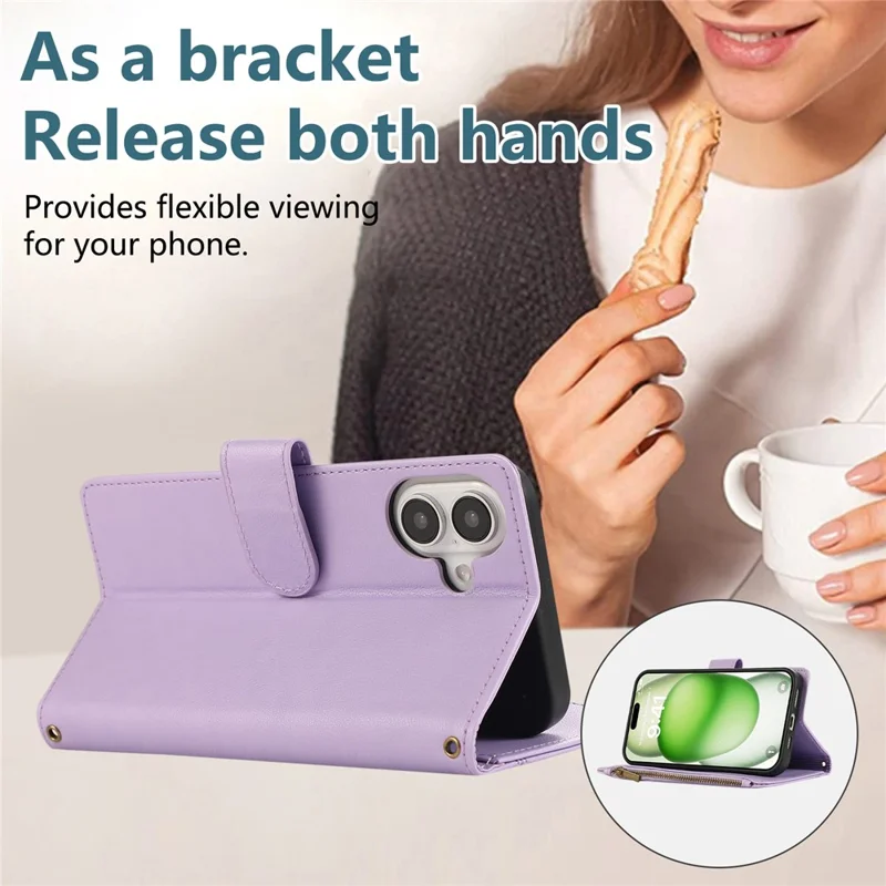 For iPhone 16 Case Multi Card Slots Zipper Leather Phone Cover with Wrist Strap - Purple