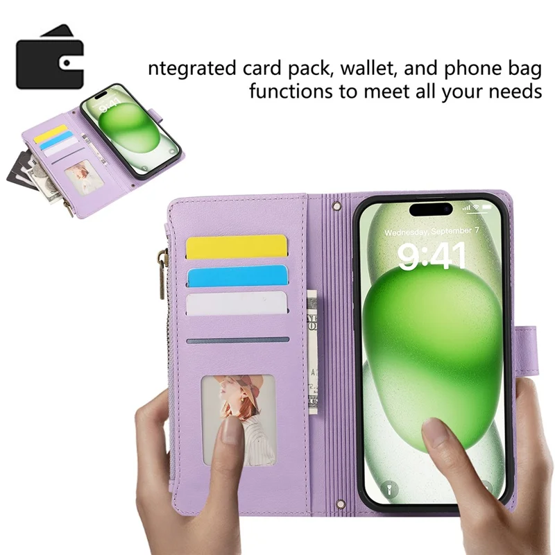 For iPhone 16 Case Multi Card Slots Zipper Leather Phone Cover with Wrist Strap - Purple