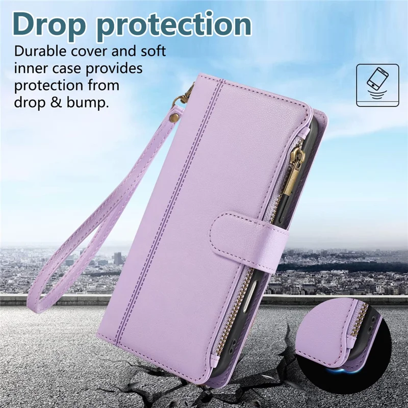 For iPhone 16 Case Multi Card Slots Zipper Leather Phone Cover with Wrist Strap - Purple