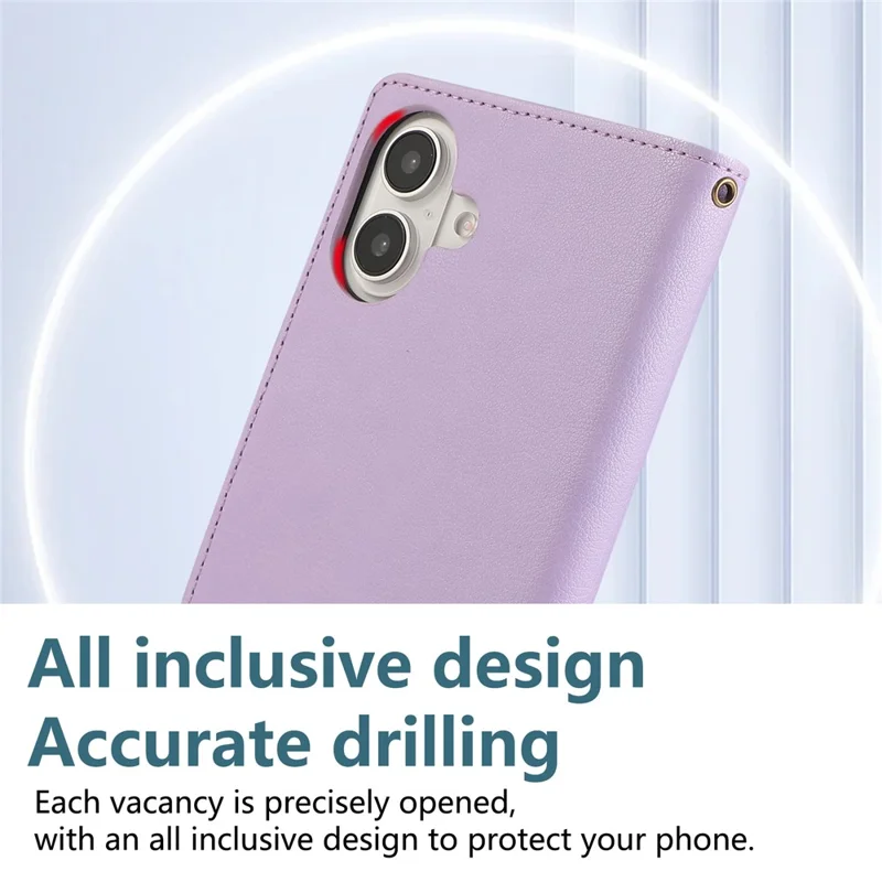 For iPhone 16 Case Multi Card Slots Zipper Leather Phone Cover with Wrist Strap - Purple