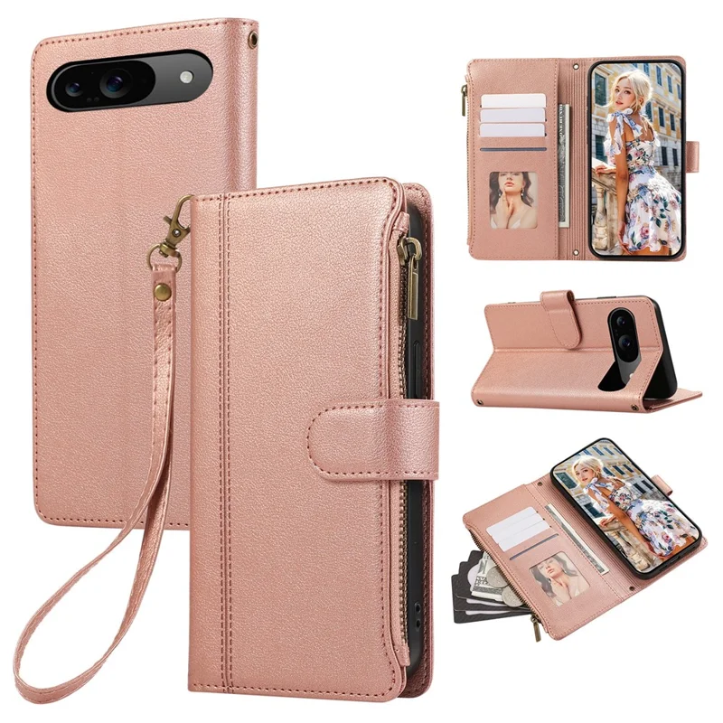 For Google Pixel 9 / Pixel 9 Pro Case Multi Card Slots Zipper Leather Phone Cover with Wrist Strap - Rose Gold