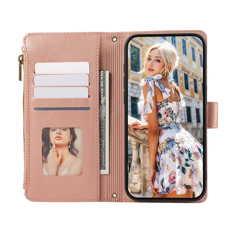 For Google Pixel 9 / Pixel 9 Pro Case Multi Card Slots Zipper Leather Phone Cover with Wrist Strap - Rose Gold