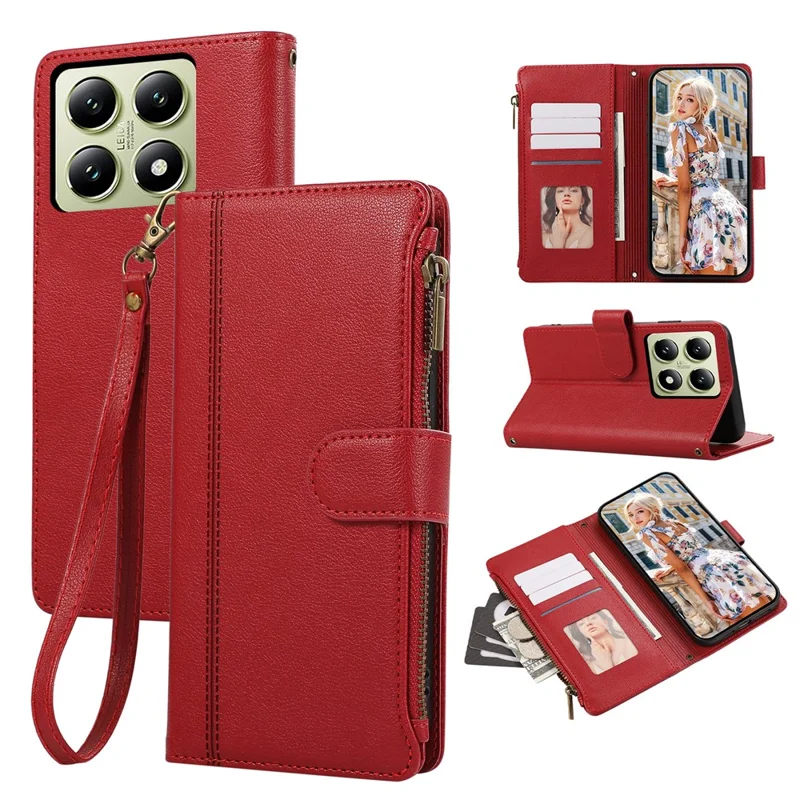 For Xiaomi 14T Case Multi Card Slots Zipper Leather Phone Cover with Wrist Strap - Red