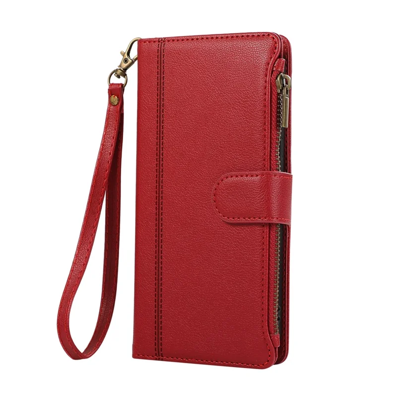 For Xiaomi 14T Case Multi Card Slots Zipper Leather Phone Cover with Wrist Strap - Red