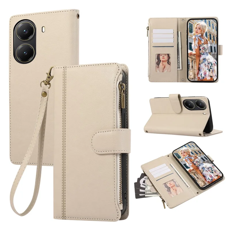 Pour Xiaomi Poco X7 Pro 5G / Redmi Turbo 4 5G Étui Multicartes à Fermeture Éclair en Cuir avec Dragonne - Beige