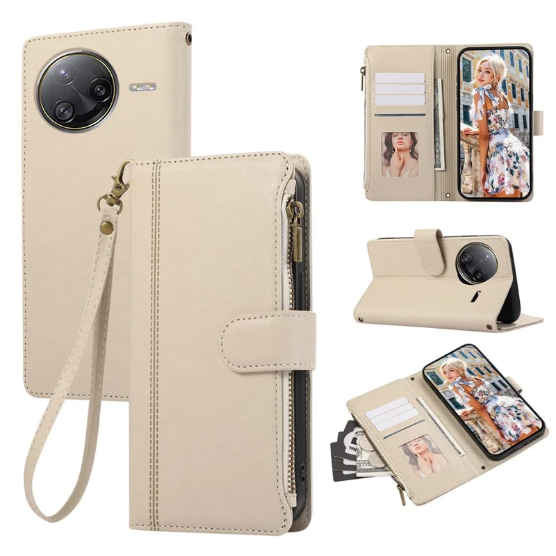 For Xiaomi Redmi K80 Pro 5G / Poco F7 Ultra 5G Case Multi Card Slots Zipper Leather Phone Cover with Wrist Strap - Beige